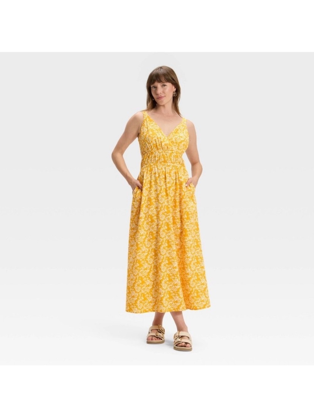 Universal Thread Yellow Floral V-Neck‎ Sleeveless Maxi Dress Size XS